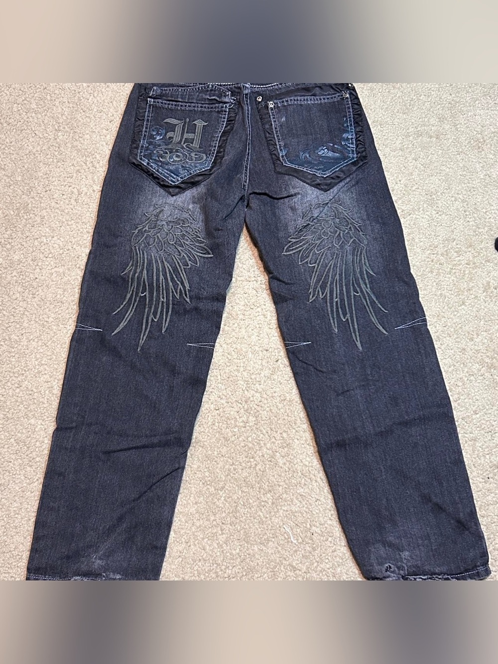 Men's Black Embroidered Wing Jeans - Brand Not Visible